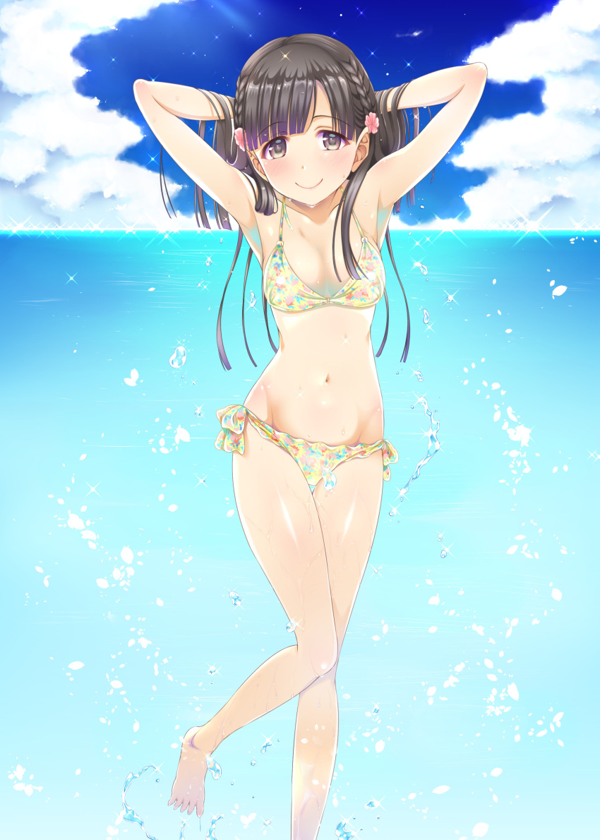 1girl, absurdres, arms_up, barefoot, bikini, black_eyes, black_hair, blush, braid, breasts, flower, full_body, hair_flower, hair_ornament, highres, idolmaster, idolmaster_cinderella_girls, kobayakawa_sae, long_hair, looking_at_viewer, naharyou, navel, ocean, small_breasts, smile, solo, splashing, swimsuit, water