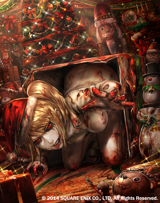 1girl, all_fours, black_lipstick, black_sclera, blonde_hair, blood, blood_on_face, bloody_clothes