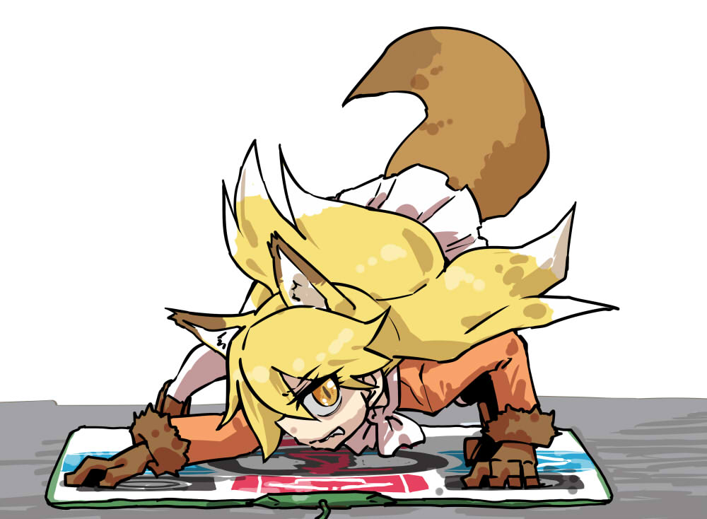 1girl, all_fours, animal_ears, blonde_hair, brown_gloves, clenched_teeth, dance_dance_revolution, dance_pad