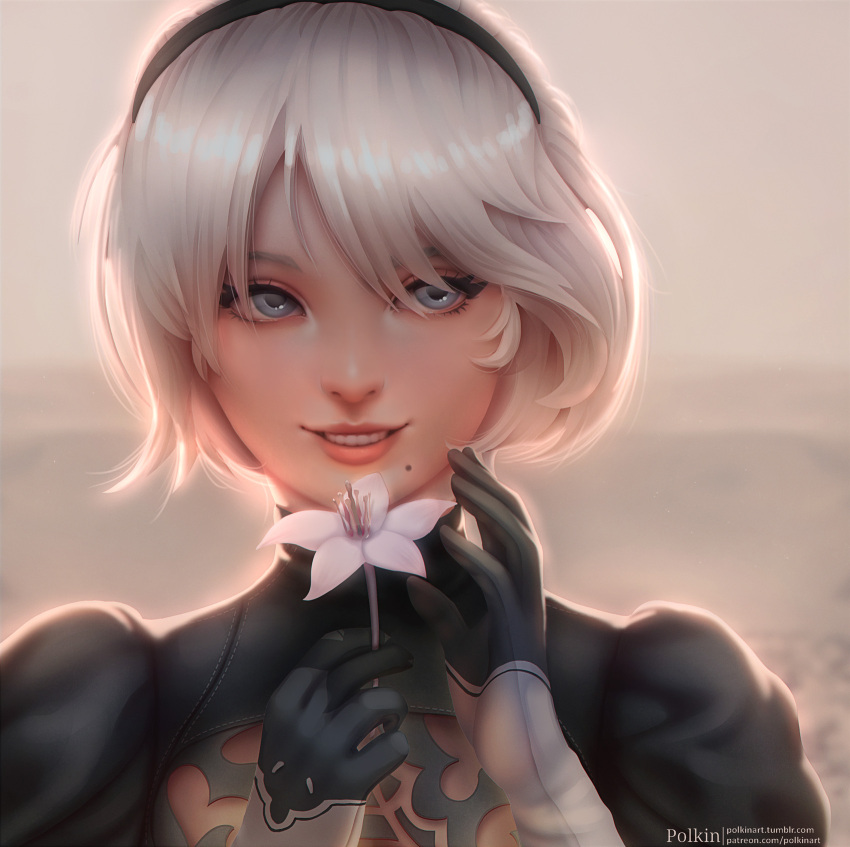 1girl, black_gloves, blue_eyes, blush, flower, gloves, hairband, highres