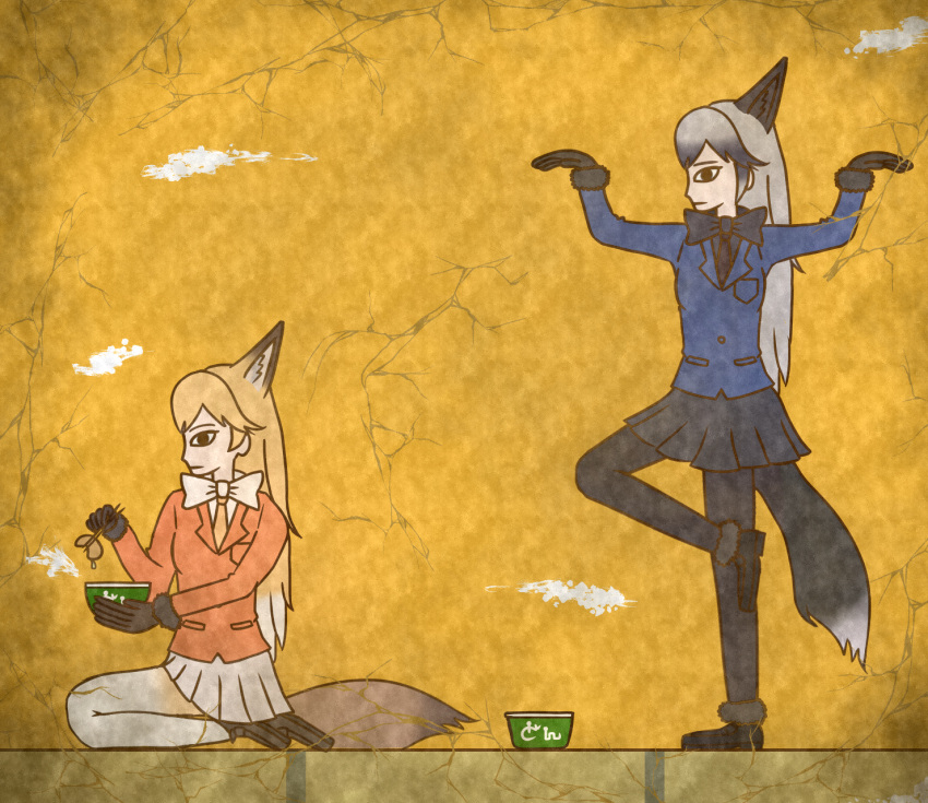 2girls, animal_ears, black_bow, black_gloves, black_neckwear, black_skirt, blonde_hair, bow