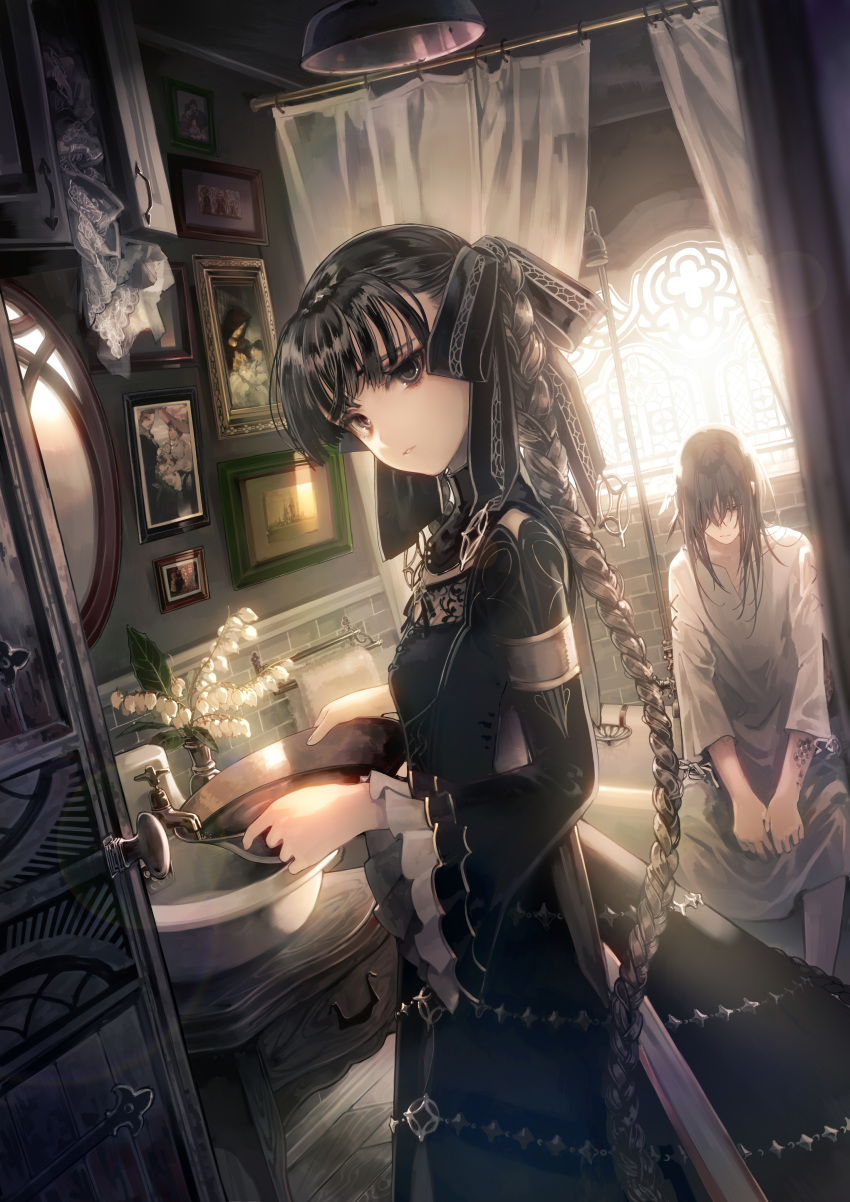 1boy, 1girl, absurdres, black_bow, black_hair, bow, bowl, braid, cabinet, dutch_angle, hair_bow, highres, indoors, long_hair, looking_at_viewer, mirror, original, photo_(object), scales, single_braid, sink, sitting, tap, ukai_saki, very_long_hair, water, wide_sleeves