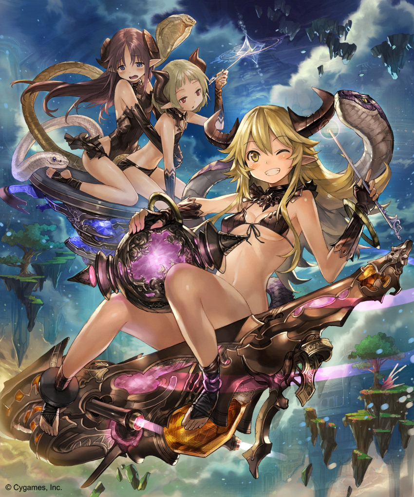 10s, 3girls, ;d, barefoot, black_bikini_top, black_gloves, black_leotard, black_panties, blonde_hair, blue_eyes, breasts, bridal_gauntlets, brown_hair, cleavage, detach_sleeves, elbow_gloves, ezusuke, feet, flat_chest, floating_hair, floating_island, front-bikini, gloves, highres, horns, leotard, long_hair, medium_breasts, multiple_girls, one_eye_closed, open_mouth, panties, pointy_ears, red_eyes, shingeki_no_bahamut, sideboob, sitting, smile, snake, toeless_legwear, toes, under_boob, underwear, very_long_hair, yellow_eyes