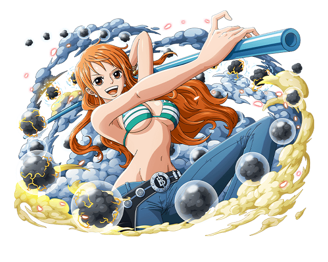 1girl, :d, belt, blue_pants, bodskih, breasts, brown_eyes, brown_hair