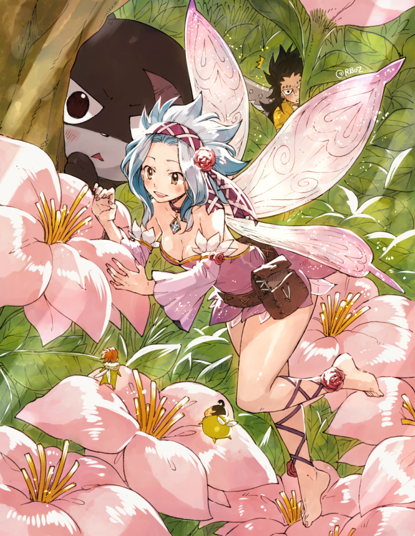 1girl, 2boys, bag, barefoot, black_hair, blue_hair, blush, brown_eyes, cat, cleavage, detached_sleeves, dress, droy_(fairy_tail), fairy, fairy_tail, fairy_wings, feet, flower, gajeel_redfox, hairband, headband, highres, jet_(fairy_tail), levy_mcgarden, multiple_boys, pantherlily, pendant, rose, rusky, scar, wings