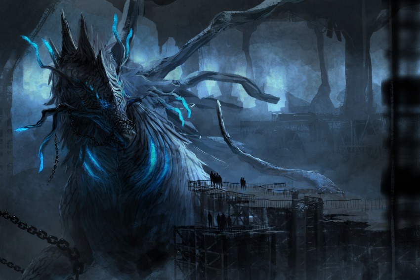 blue_eyes, blurry, building, chained, chains, commentary_request, dark, depth_of_field, dragon, extra_eyes, fantasy, fur, giant_monster, glowing, glowing_eyes, highres, muzzle, original, outdoors, people, scenery, sorakuma_(oycue41), stairs, standing, tail
