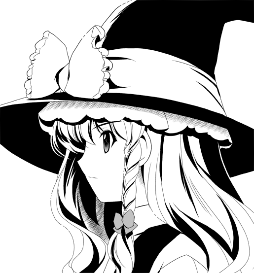braid, hat, kirisame_marisa, monochrome, solo, touhou, witch_hat, yamaguchi_takashi