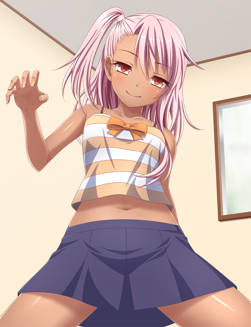 1girl, camisole, chloe_von_einzbern, dark_skin, fate/kaleid_liner_prisma_illya, fate_(series), ki_(kk-sk-ray), long_hair, looking_at_viewer, navel, pink_hair, red_eyes, side_ponytail, skirt, smile, solo