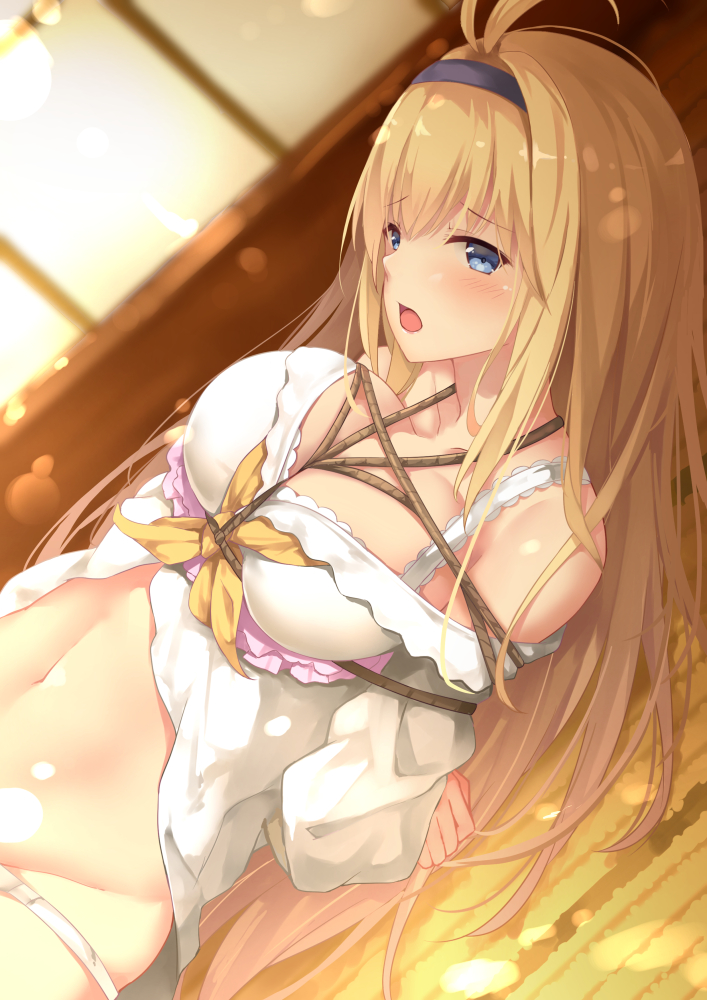 1girl, :o, ahoge, arms_behind_back, bangs, between_breasts, blush, breasts