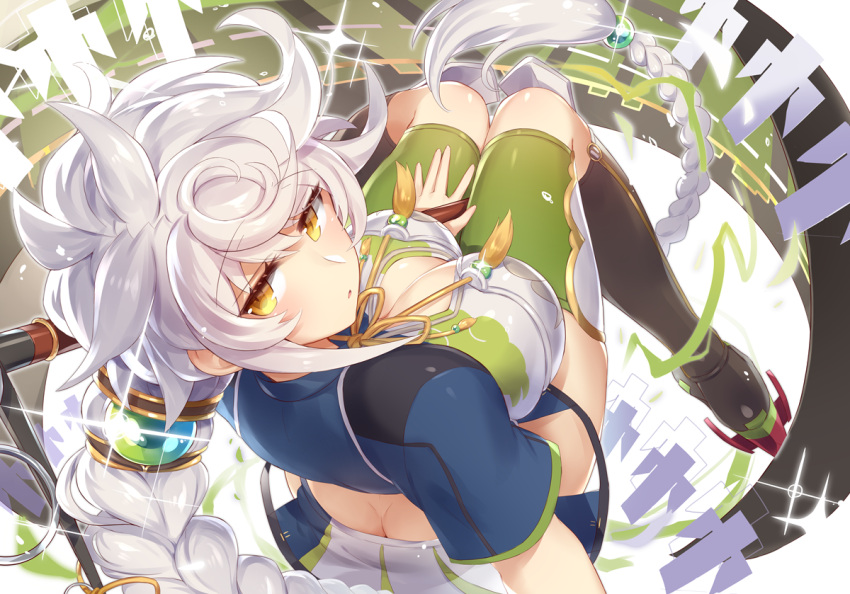 10s, 1girl, asymmetrical_hair, blush, braid, breasts, butt_crack, cleavage