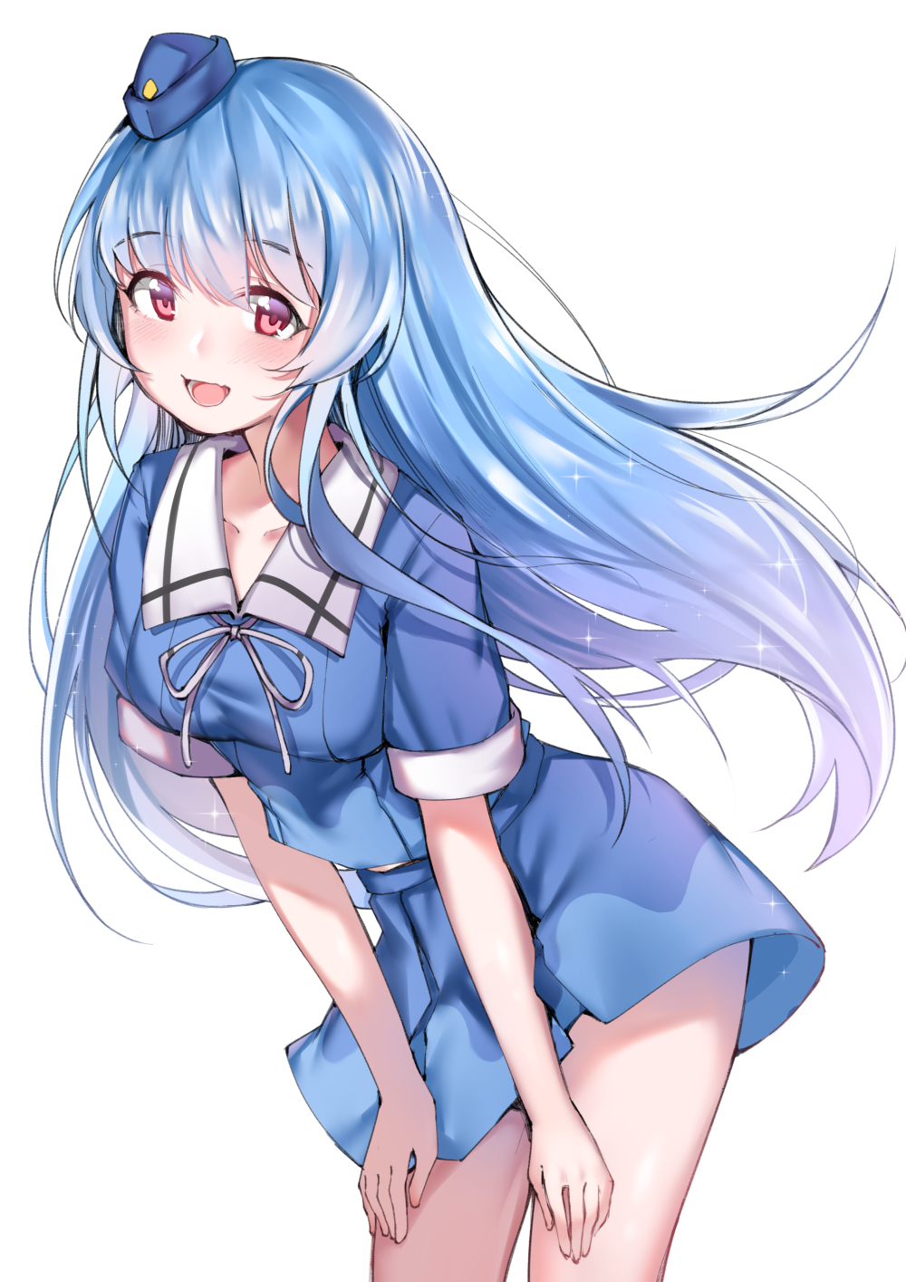 1girl, :d, bangs, blue_dress, blue_hair, cowboy_shot, dress, eyebrows_visible_through_hair