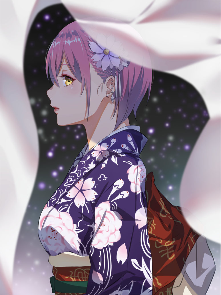 1girl, bangs, blurry, breasts, closed_mouth, depth_of_field, earrings, expressionless