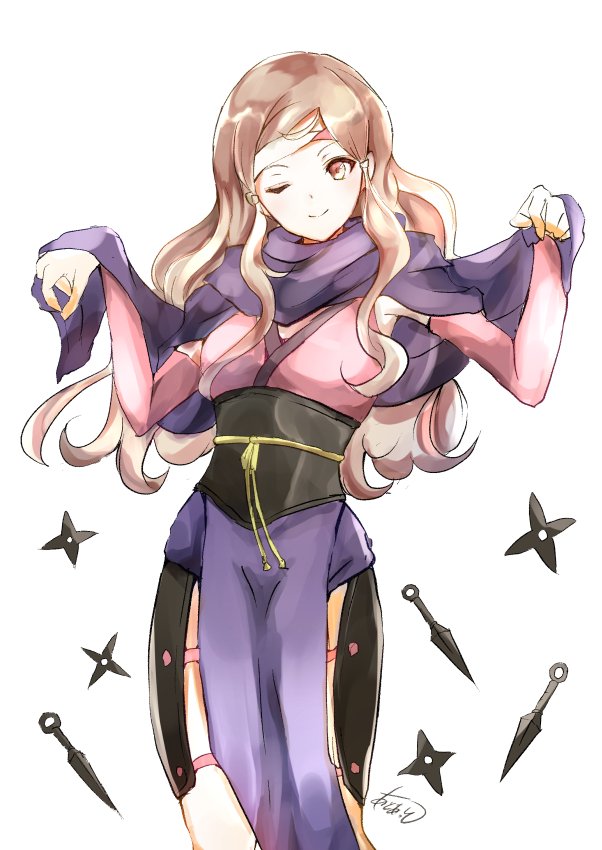 1girl, atoatto, brown_hair, fire_emblem, fire_emblem_if, headband, holding, japanese_clothes, kazahana_(fire_emblem_if), kunai, long_hair, looking_at_viewer, ninja, one_eye_closed, shuriken, simple_background, smile, solo, weapon