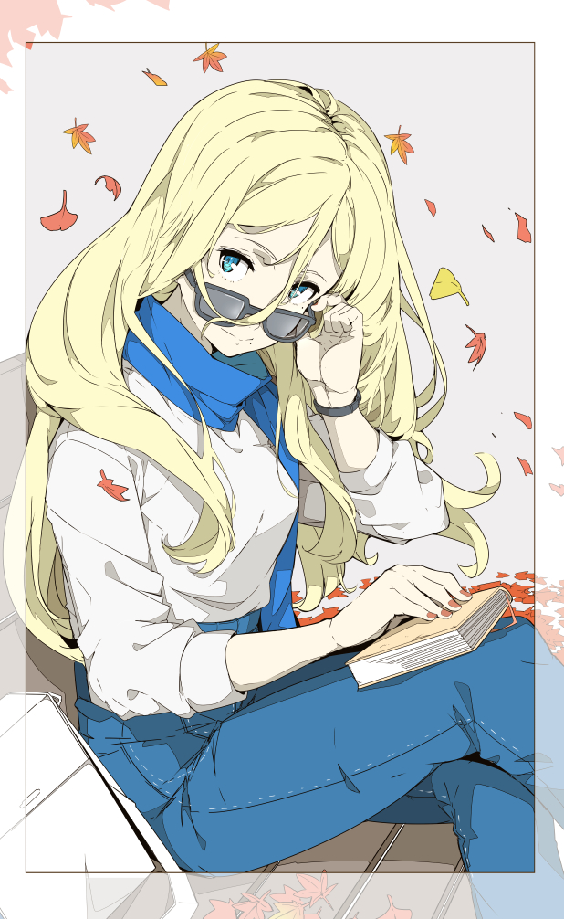 1girl, adjusting_eyewear, autumn_leaves, bag, bench, black-framed_eyewear, blonde_hair, blue_eyes, blue_pants, blue_scarf, casual, closed_mouth, copyright_request, denim, falling_leaves, glasses, grey_background, hair_between_eyes, jeans, legs_crossed, long_hair, long_sleeves, mole, mole_under_mouth, nail_polish, ninimo_nimo, pants, park_bench, partially_colored, red_nails, scarf, shirt, simple_background, sitting, smile, solo, white_shirt, wristband