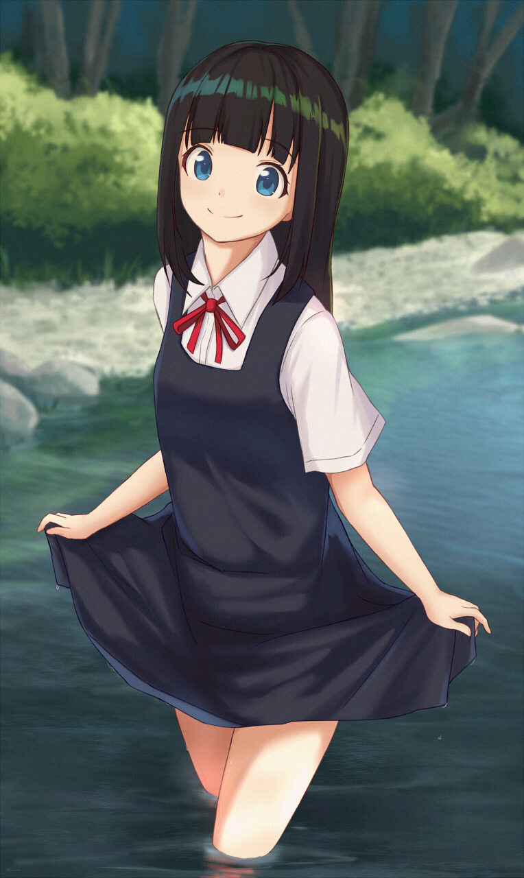 1girl, bangs, black_hair, blue_eyes, blunt_bangs, blurry, blurry_background, bush, collared_shirt, day, dress, eyebrows_visible_through_hair, highres, itachi_kanade, long_hair, original, outdoors, pinafore_dress, red_ribbon, ribbon, rive, school_uniform, shirt, shore, short_sleeves, skirt_hold, sleeveless, sleeveless_dress, solo, tareme, wading, water, white_shirt, wing_collar