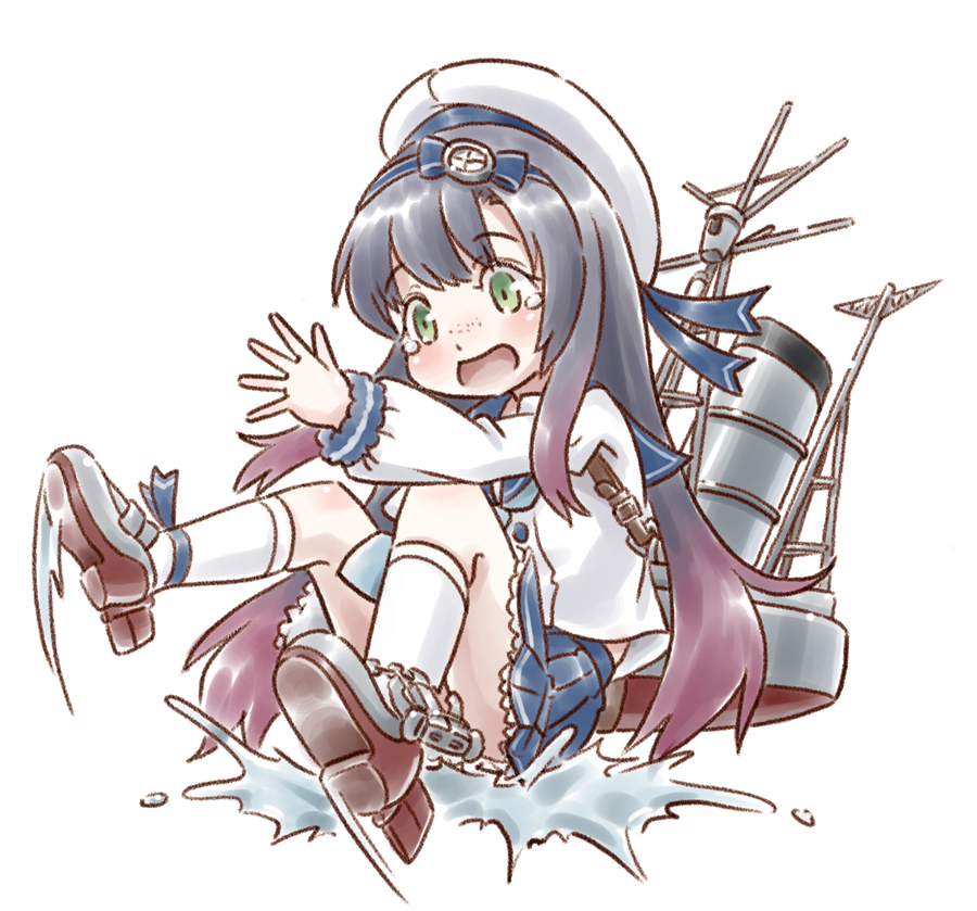 10s, 1girl, black_hair, blue_hairband, blue_neckwear, blue_skirt, freckles, gradient_hair