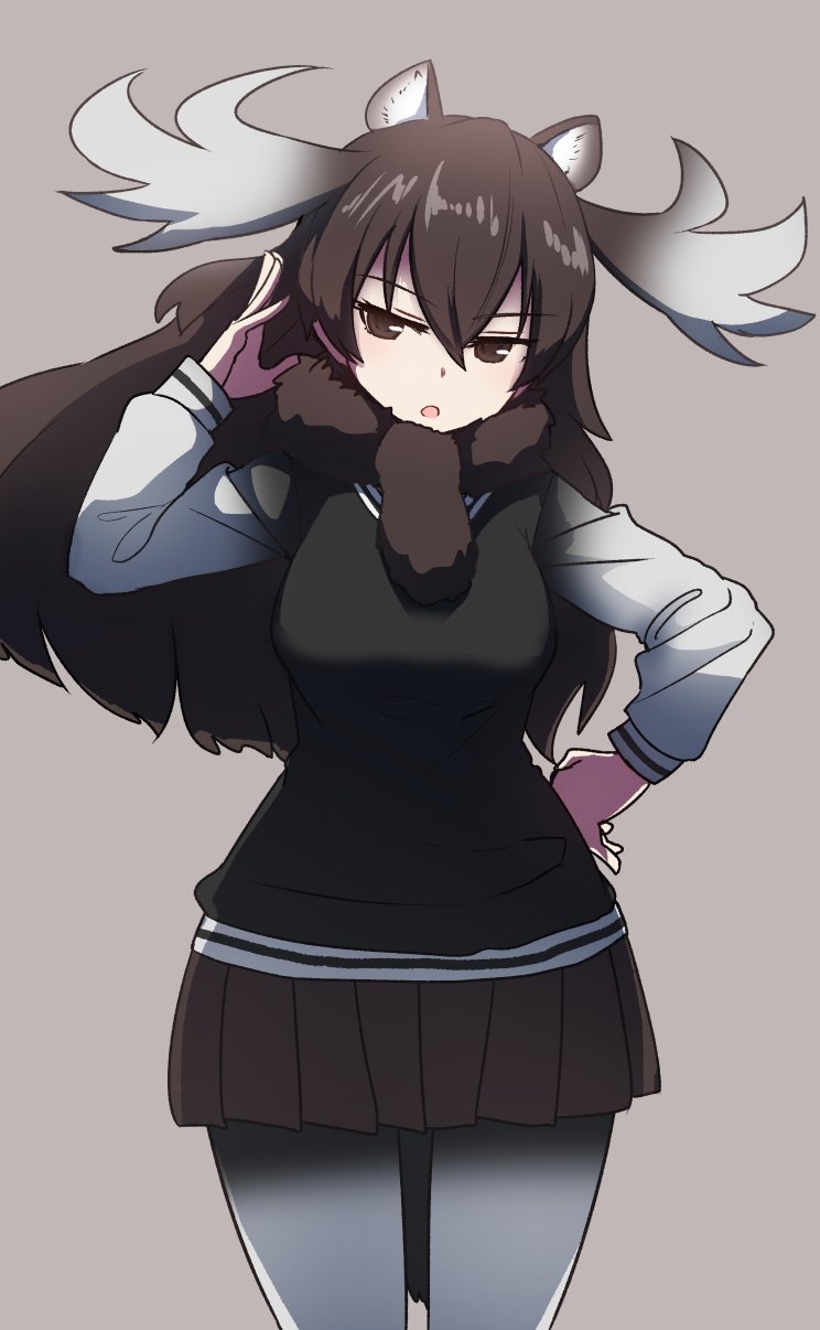 1girl, antlers, black_hair, black_shirt, black_skirt, cowboy_shot, fur_trim, grey_background