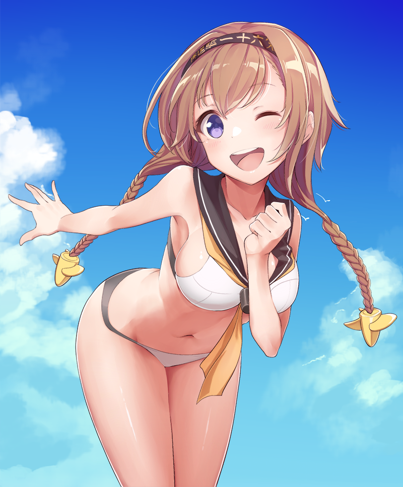 10s, 1girl, bare_shoulders, bikini, blue_sky, blush, braid, breasts