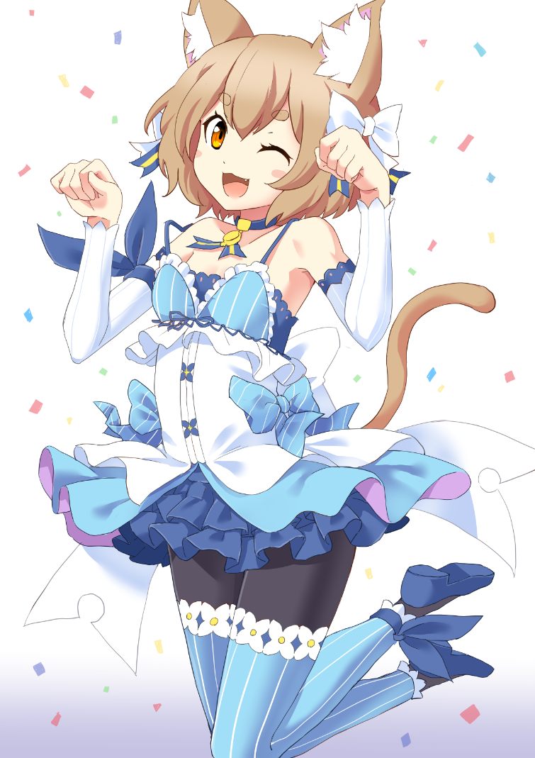 1boy, ;d, animal_ears, ankle_ribbon, black_legwear, blue_footwear, blue_legwear, blue_ribbon, blush_stickers, brown_hair, cat_ears, cat_tail, commentary_request, fang, felix_argyle, jumping, one_eye_closed, open_mouth, pantyhose, re:zero_kara_hajimeru_isekai_seikatsu, ribbon, shoes, smile, striped, striped_legwear, tail, taishi_(moriverine), thigh-highs, trap, vertical-striped_legwear, vertical_stripes