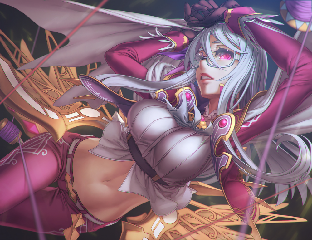 1girl, black_gloves, breasts, cropped_jacket, glasses, gloves, large_breasts, long_hair