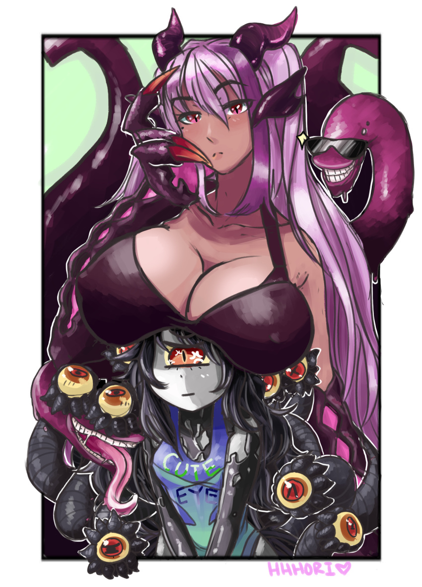 2girls, :|, absurdres, anger_vein, animal_ears, bare_shoulders, black_hair, black_shirt