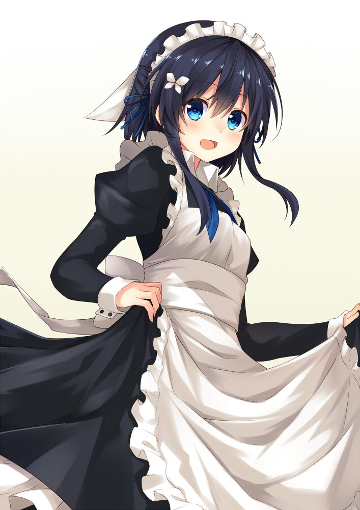 1girl, :d, alternate_costume, apron, bangs, black_hair, blue_eyes, butterfly_hair_ornament