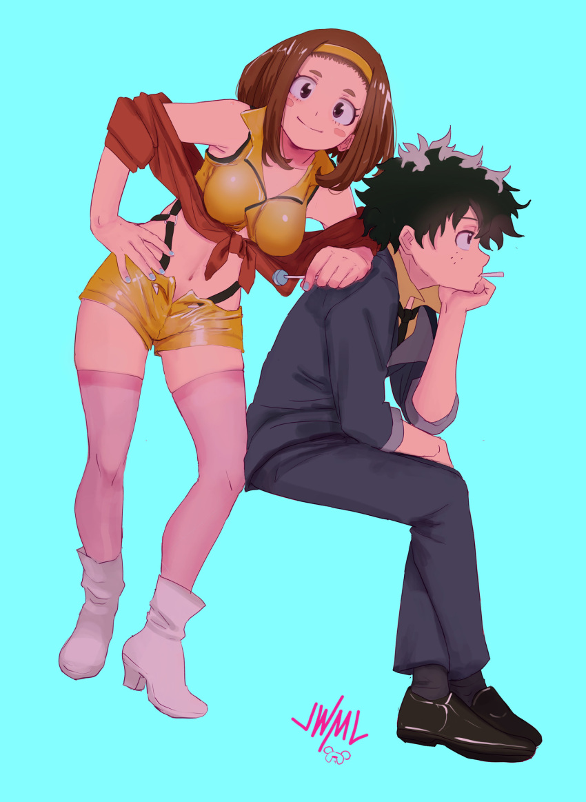 1boy, 1girl, bare_shoulders, black_footwear, black_hair, black_legwear, black_neckwear, blue_background