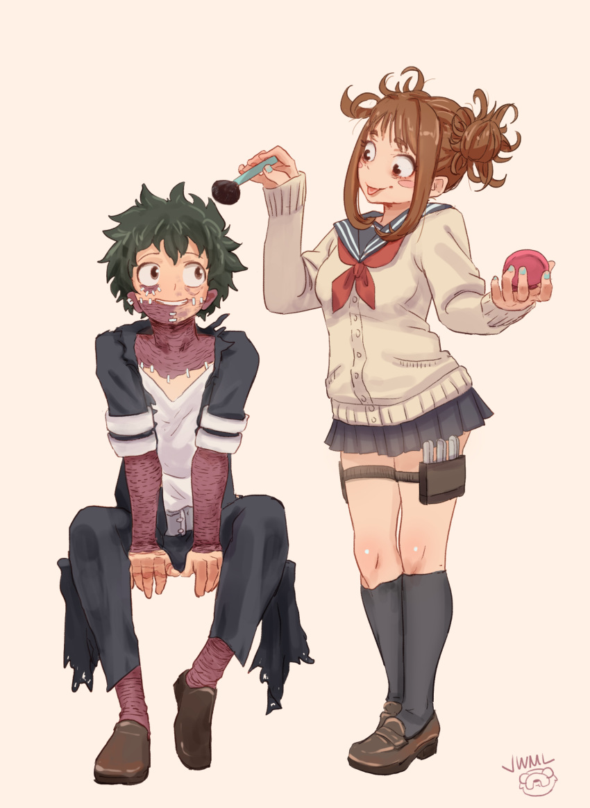 1boy, 1girl, absurdres, bags_under_eyes, beige_background, belt, black_coat, black_legwear