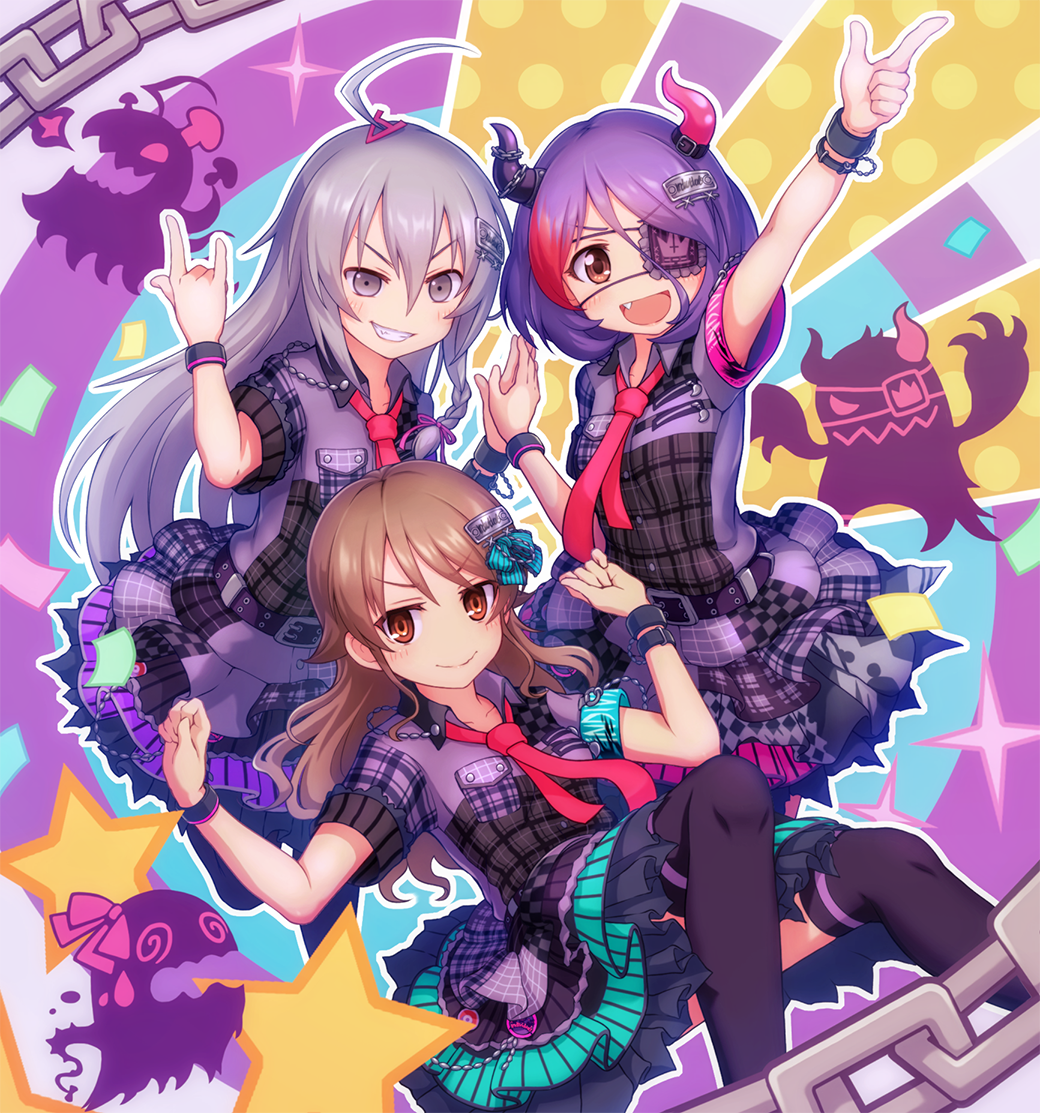 >:), 3girls, :d, @_@, \m/, ahoge, aqua_bow, aqua_skirt
