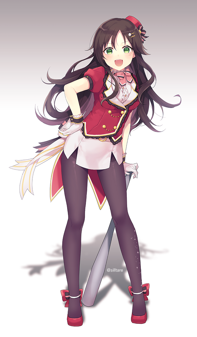 1girl, :d, arm_at_side, baseball_bat, belt_buckle, black_legwear, blush, bow