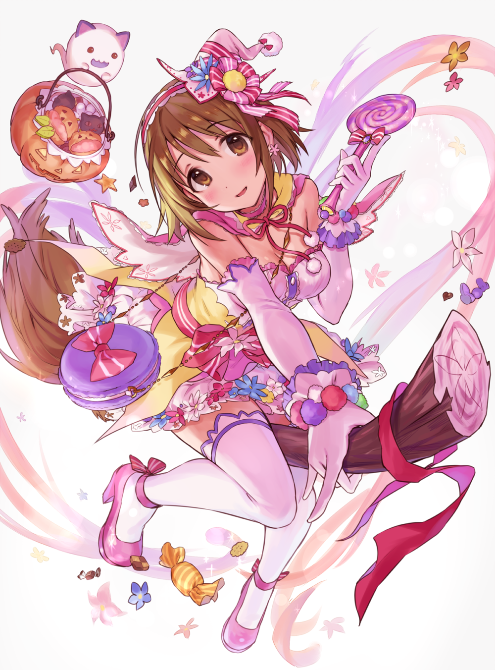 1girl, animal_ears, armpit_peek, bag, blush, bow, breasts, broom