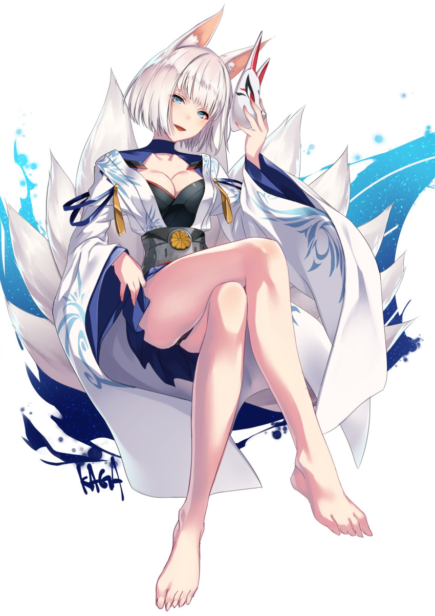 1girl, animal_ears, azur_lane, bangs, barefoot, blue_eyes, breasts, cleavage