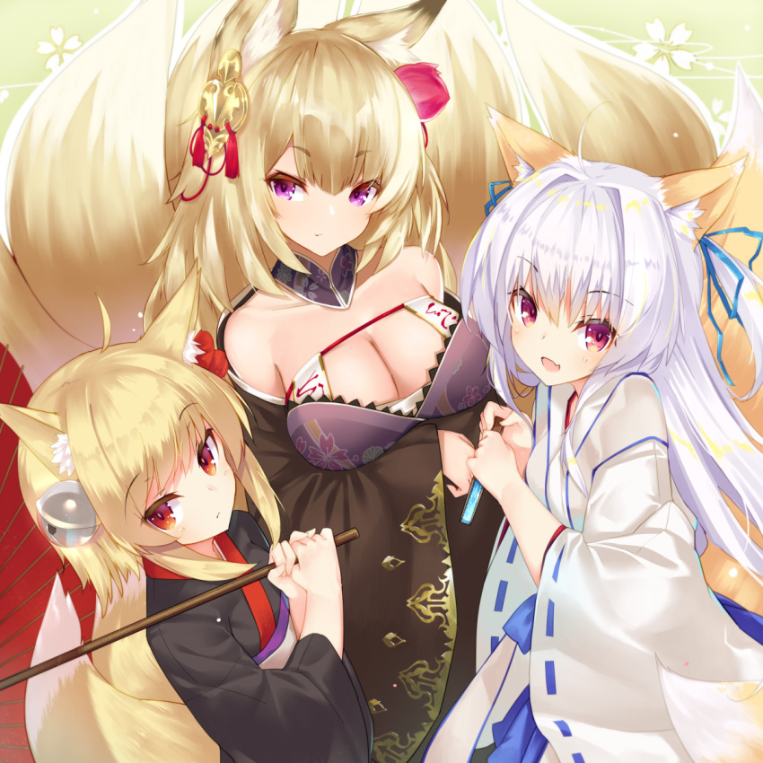 3girls, ahoge, animal_ears, bell, blonde_hair, blush, breast_hold, breasts