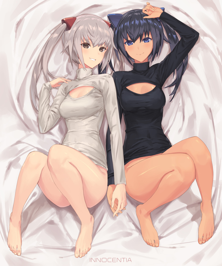 2girls, alternate_costume, bangs, barefoot, black_hair, black_sweater, blue_eyes, blush