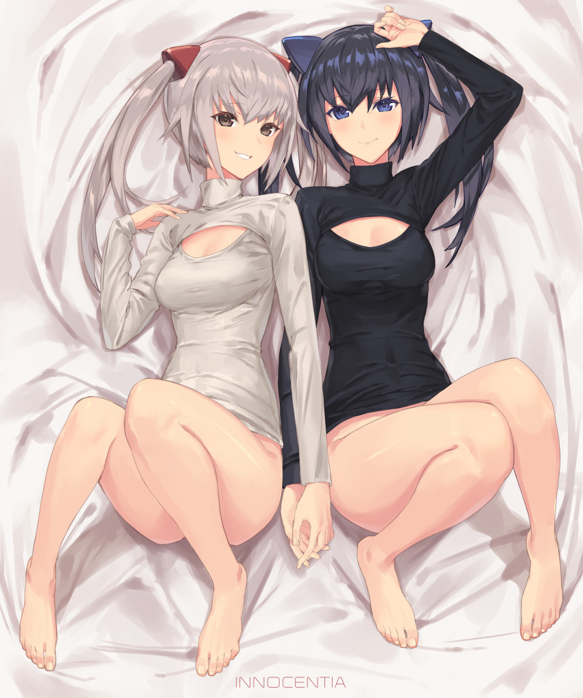 2girls, alternate_costume, bangs, barefoot, black_hair, black_sweater, blue_eyes, blush