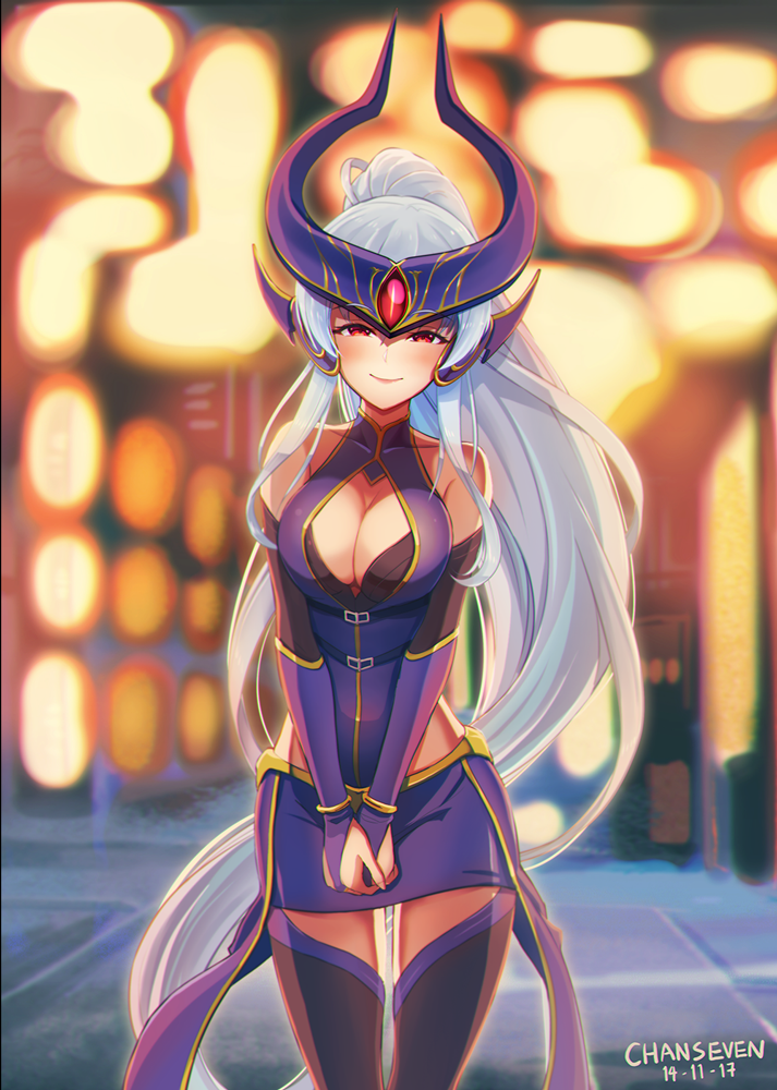 1girl, artist_name, bare_shoulders, blush, breasts, chan_qi_(fireworkhouse), cleavage, cleavage_cutout
