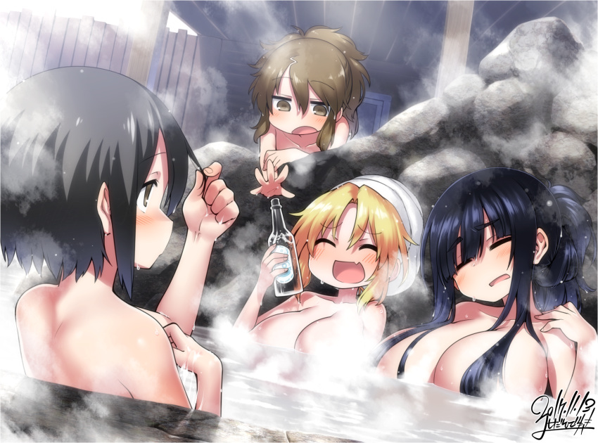 4girls, :d, ^_^, ^o^, back, blonde_hair, blush, bottle