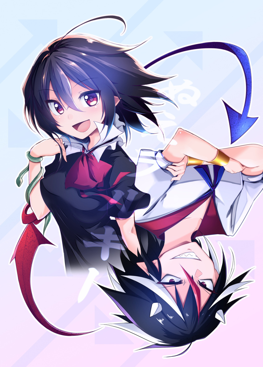 2girls, ahoge, asymmetrical_wings, black_hair, bracelet, chipa_(arutana), cover, cover_page