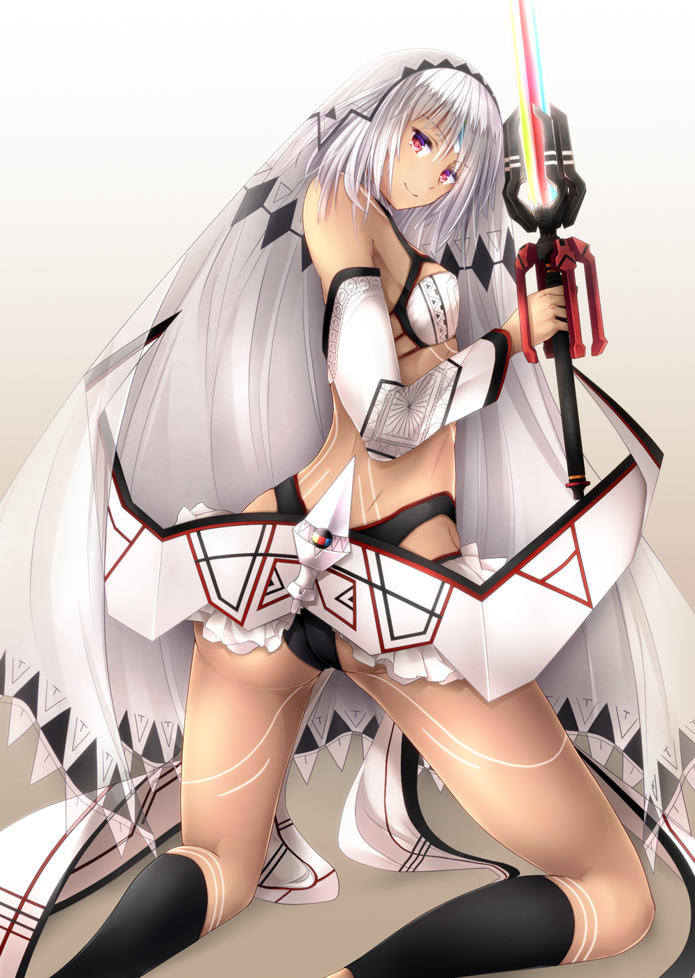 1girl, altera_(fate), ari_(ariburo), ass, detached_sleeves, fate/extella, fate/extra, fate/grand_order, fate_(series), full_body_tattoo, highres, kneeling, looking_at_viewer, red_eyes, silver_hair, smile, solo, sword, tan, tattoo, thighs, weapon, weapon_request
