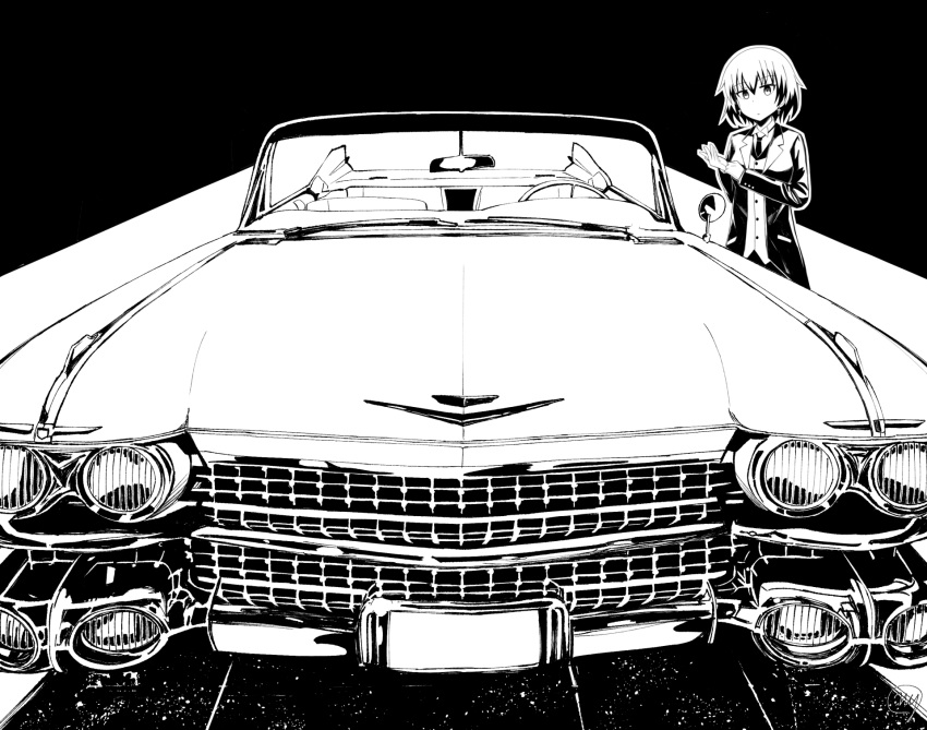 1girl, butler, cadillac, cadillac_eldorado, car, cross, cross_earrings, earrings, expressionless, foreshortening, formal, gabriel_dropout, gloves, ground_vehicle, highres, jewelry, license_plate, long_sleeves, martiel, monochrome, motor_vehicle, nyaroon, short_hair, solo, suit, windshield