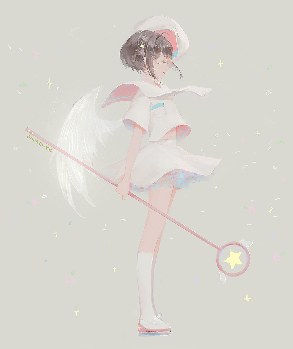 1girl, artist_name, beret, brown_hair, card_captor_sakura, closed_eyes, dadachyo, from_side