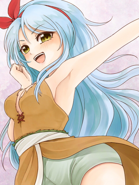 1girl, arm_up, armpits, bare_shoulders, blue_hair, blush, breasts, cleavage, hair_ornament, hairband, long_hair, medium_breasts, open_mouth, ribbon, rocbouquet_(saga), romancing_saga_2, saga, shorts, sm156, smile, solo, upskirt, yellow_eyes