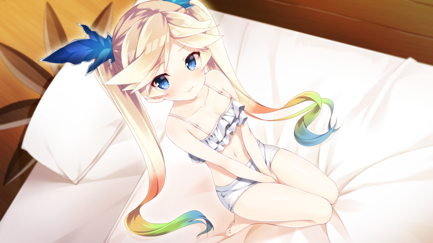 1girl, artist_request, bangs, bare_arms, bare_legs, bare_shoulders, barefoot, bed, bed_sheet, between_legs, blonde_hair, blue_hair, blue_ribbon, breasts, camisole, cleavage, eyebrows_visible_through_hair, eyelashes, frills, from_above, full_body, game_cg, gradient_hair, granblue_fantasy, green_hair, hair_ribbon, hand_between_legs, indoors, io_euclase, long_hair, looking_at_viewer, looking_up, multicolored_hair, navel, on_bed, panties, pillow, ribbon, sitting, sitting_on_bed, small_breasts, solo, spaghetti_strap, splush_wave, stomach, twintails, underwear, very_long_hair, wooden_floor