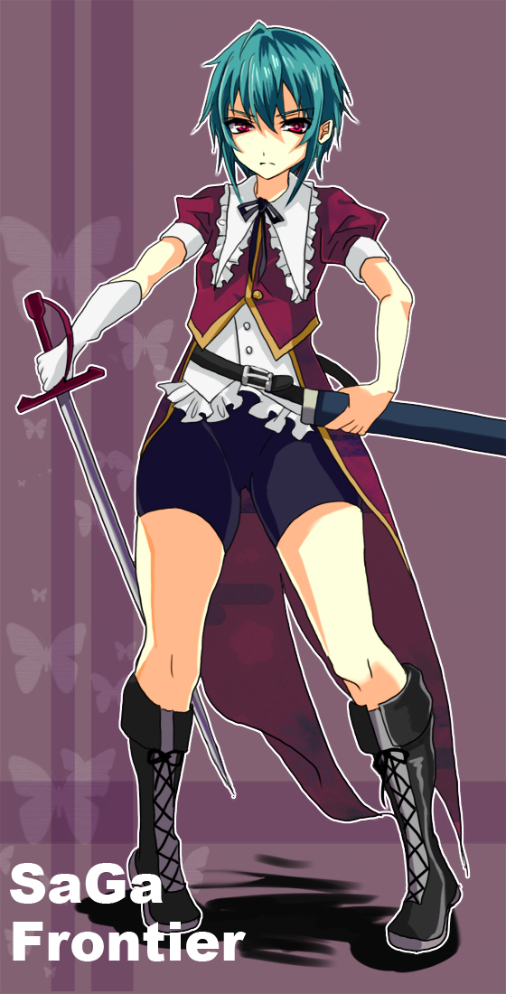 1girl, asellus_(saga_frontier), breasts, dress, gloves, green_hair, red_eyes, saga, saga_frontier, short_hair, solo, tomoeda_(ultimate_fools)