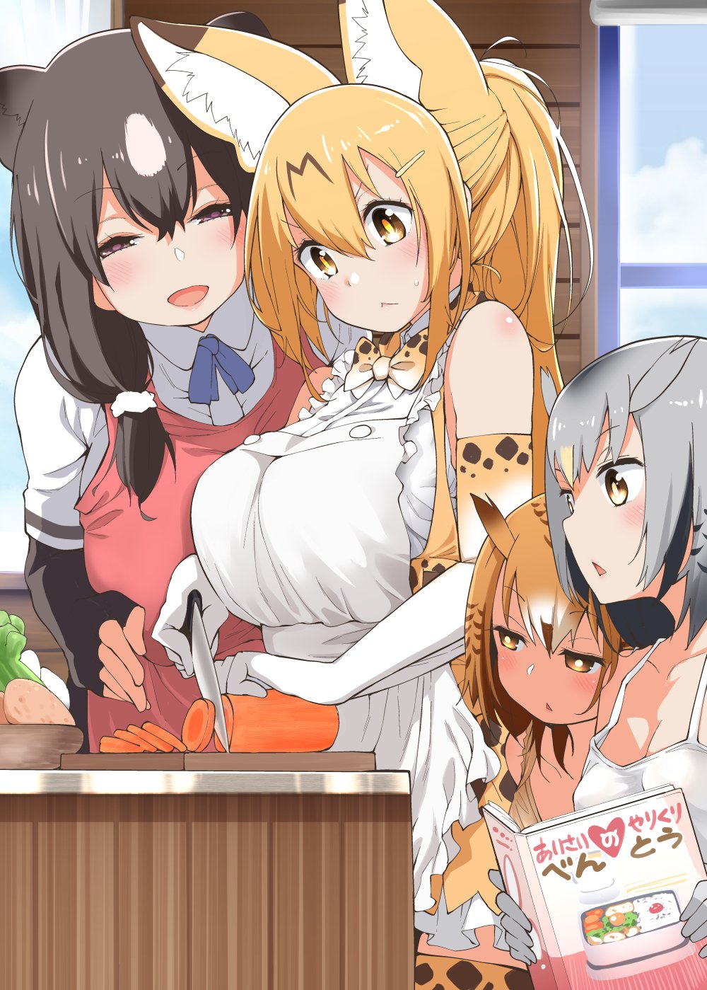 4girls, alternate_hair_length, alternate_hairstyle, animal_ears, apron, bangs, blonde_hair, bodysuit
