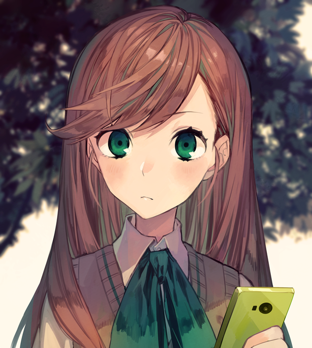 1girl, bangs, blush, bow, brown_hair, cellphone, commentary_request, green_bow, green_eyes, hair_down, holding, holding_phone, long_hair, looking_at_viewer, nanase_(under_night_in-birth), phone, school_uniform, smartphone, solo, suzunashi, sweater_vest, swept_bangs, tree, under_night_in-birth, upper_body, wing_collar