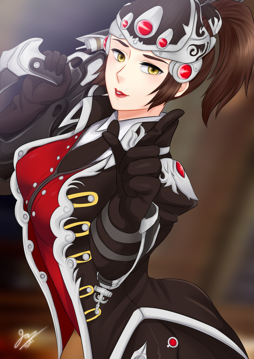 1girl, absurdres, alternate_costume, alternate_hair_color, alternate_skin_color, artist_name, black_jacket, black_neckwear, blurry, blurry_background, breasts, brown_hair, collared_shirt, finger_gun, gantsuki, gun, head_mounted_display, high_ponytail, highres, holding, holding_gun, holding_weapon, huntress_widowmaker, jacket, long_sleeves, looking_at_viewer, medium_breasts, mole_above_mouth, nose, overwatch, parted_lips, pointing, pointing_at_viewer, red_lips, red_vest, rifle, shirt, short_hair, signature, smile, sniper_rifle, solo, trigger_discipline, upper_body, vest, visor, weapon, white_shirt, widowmaker_(overwatch), yellow_eyes