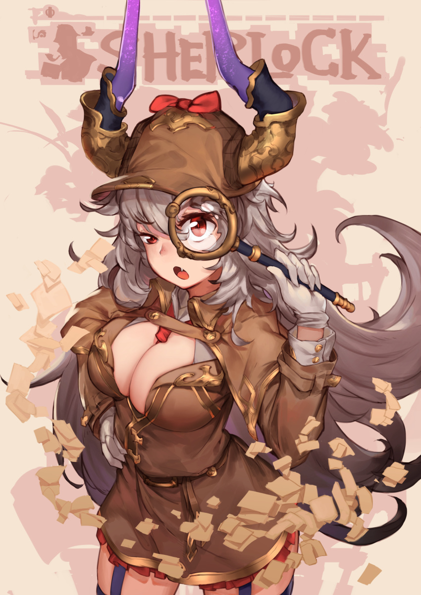 1girl, absurdres, atorosu, belt, bow, breasts, brown_background, brown_hat
