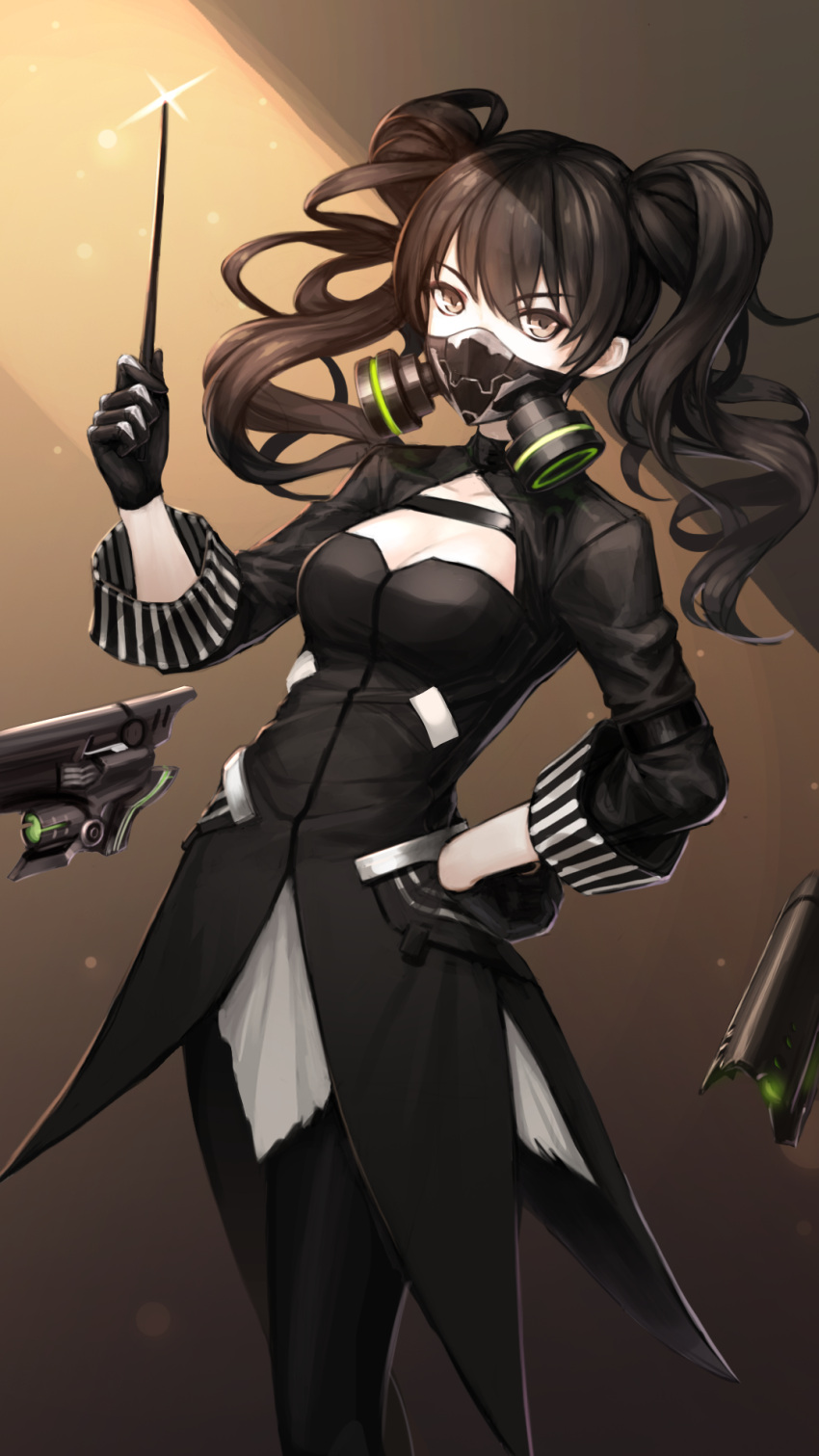 1girl, baton_(instrument), black_dress, black_gloves, black_legwear, breasts, brown_background, brown_eyes