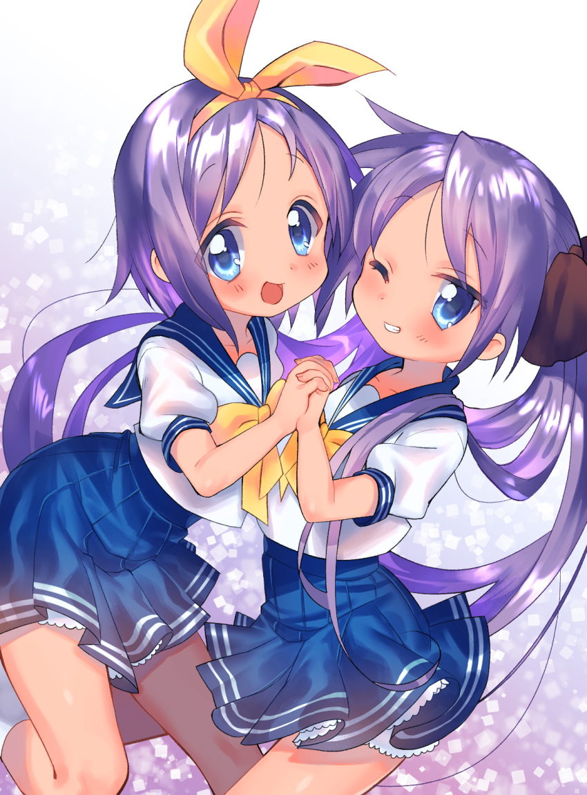 2girls, :d, bangs, blue_eyes, blue_sailor_collar, blue_skirt, blush, bow